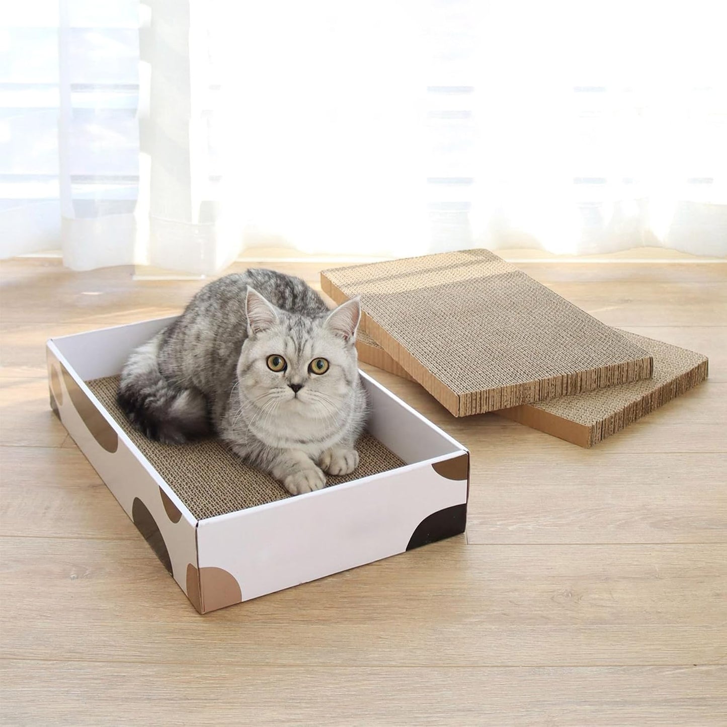 Premium Cat Scratcher Box 17" x 10" with Three Reversible Cardboard Pads for Claw Care and Furniture Protection, Ideal for Indoor Use