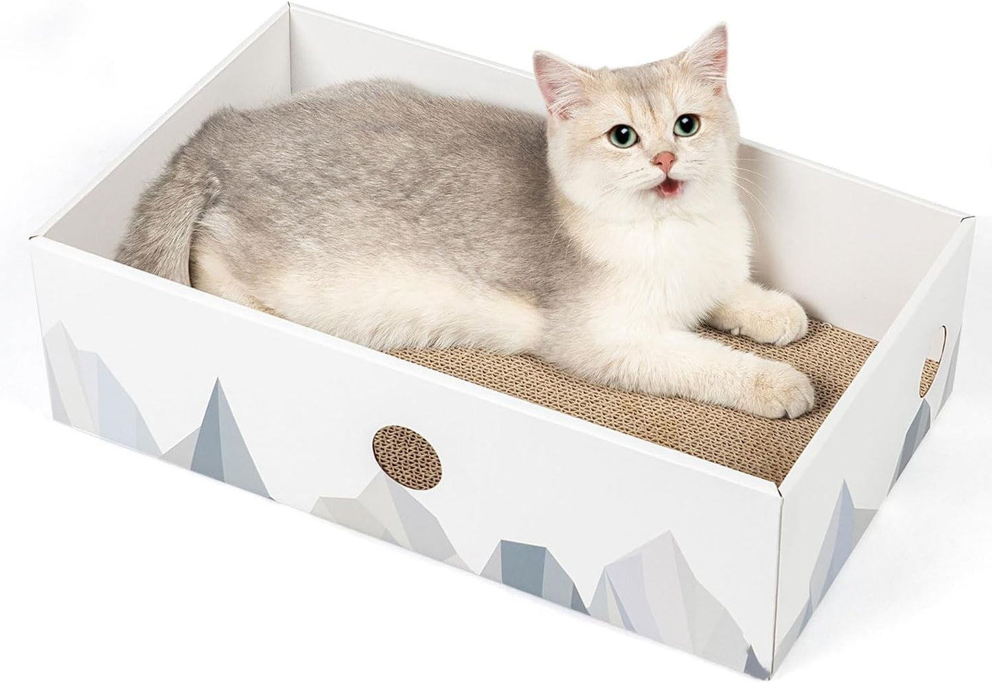 Heavy-Duty Double-Sided Cardboard Cat Scratcher Box with Interactive Design, Large Indoor Cat Lounger and Bed, White