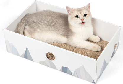 Heavy-Duty Double-Sided Cardboard Cat Scratcher Box with Interactive Design, Large Indoor Cat Lounger and Bed, White