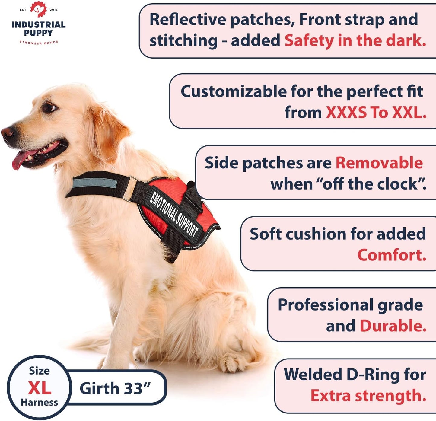 Emotional Support Vest Harness, Large 27-33 In, Pink | Durable and Adjustable Vest for Dog with Reflective Straps, Removable Patches, Handle & Leash Attachment, Travel & Daily Use