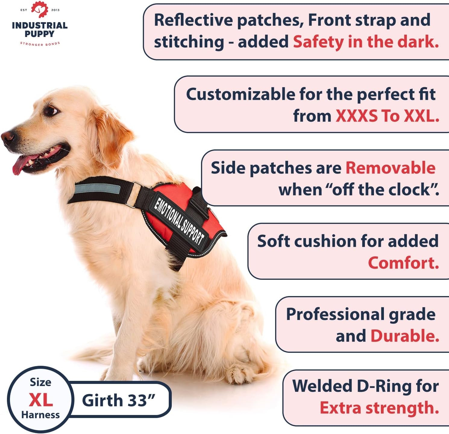 Emotional Support Vest Harness, Large 27-33 In, Pink | Durable and Adjustable Vest for Dog with Reflective Straps, Removable Patches, Handle & Leash Attachment, Travel & Daily Use