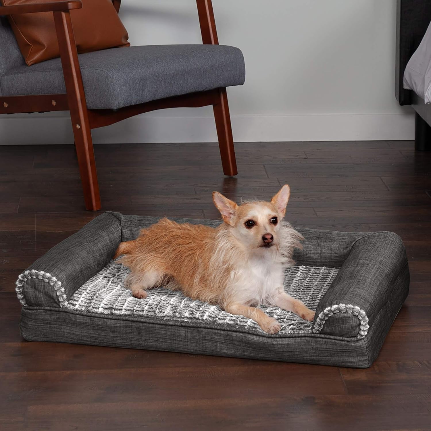 Orthopedic Dog Bed for Medium and Small Breeds with Removable Bolsters and Washable Cover, Suitable for Dogs Up to 35 lbs - Luxe Faux Fur and Performance Linen Sofa in Charcoal, Medium Size