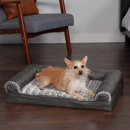 Orthopedic Dog Bed for Medium and Small Breeds with Removable Bolsters and Washable Cover, Suitable for Dogs Up to 35 lbs - Luxe Faux Fur and Performance Linen Sofa in Charcoal, Medium Size