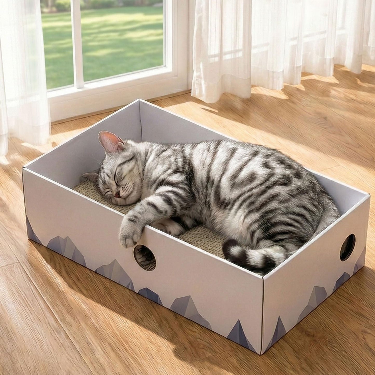 Heavy-Duty Double-Sided Cardboard Cat Scratcher Box with Interactive Design, Large Indoor Cat Lounger and Bed, White