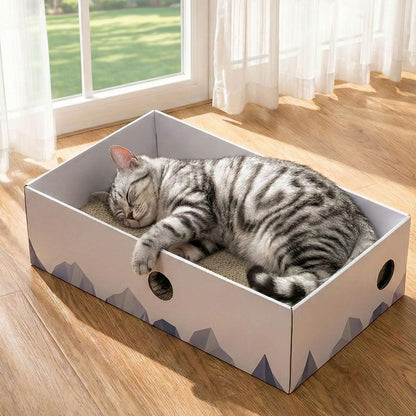 Heavy-Duty Double-Sided Cardboard Cat Scratcher Box with Interactive Design, Large Indoor Cat Lounger and Bed, White