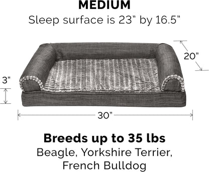 Orthopedic Dog Bed for Medium and Small Breeds with Removable Bolsters and Washable Cover, Suitable for Dogs Up to 35 lbs - Luxe Faux Fur and Performance Linen Sofa in Charcoal, Medium Size