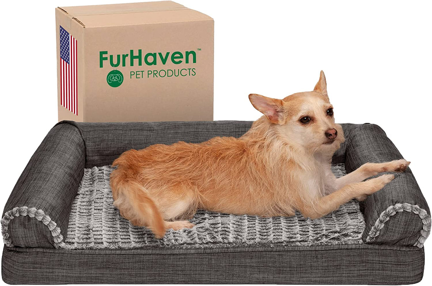 Orthopedic Dog Bed for Medium and Small Breeds with Removable Bolsters and Washable Cover, Suitable for Dogs Up to 35 lbs - Luxe Faux Fur and Performance Linen Sofa in Charcoal, Medium Size