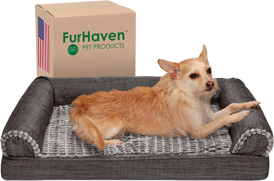Orthopedic Dog Bed for Medium and Small Breeds with Removable Bolsters and Washable Cover, Suitable for Dogs Up to 35 lbs - Luxe Faux Fur and Performance Linen Sofa in Charcoal, Medium Size
