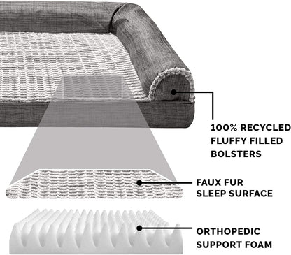 Orthopedic Dog Bed for Medium and Small Breeds with Removable Bolsters and Washable Cover, Suitable for Dogs Up to 35 lbs - Luxe Faux Fur and Performance Linen Sofa in Charcoal, Medium Size
