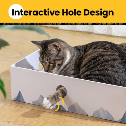 Heavy-Duty Double-Sided Cardboard Cat Scratcher Box with Interactive Design, Large Indoor Cat Lounger and Bed, White