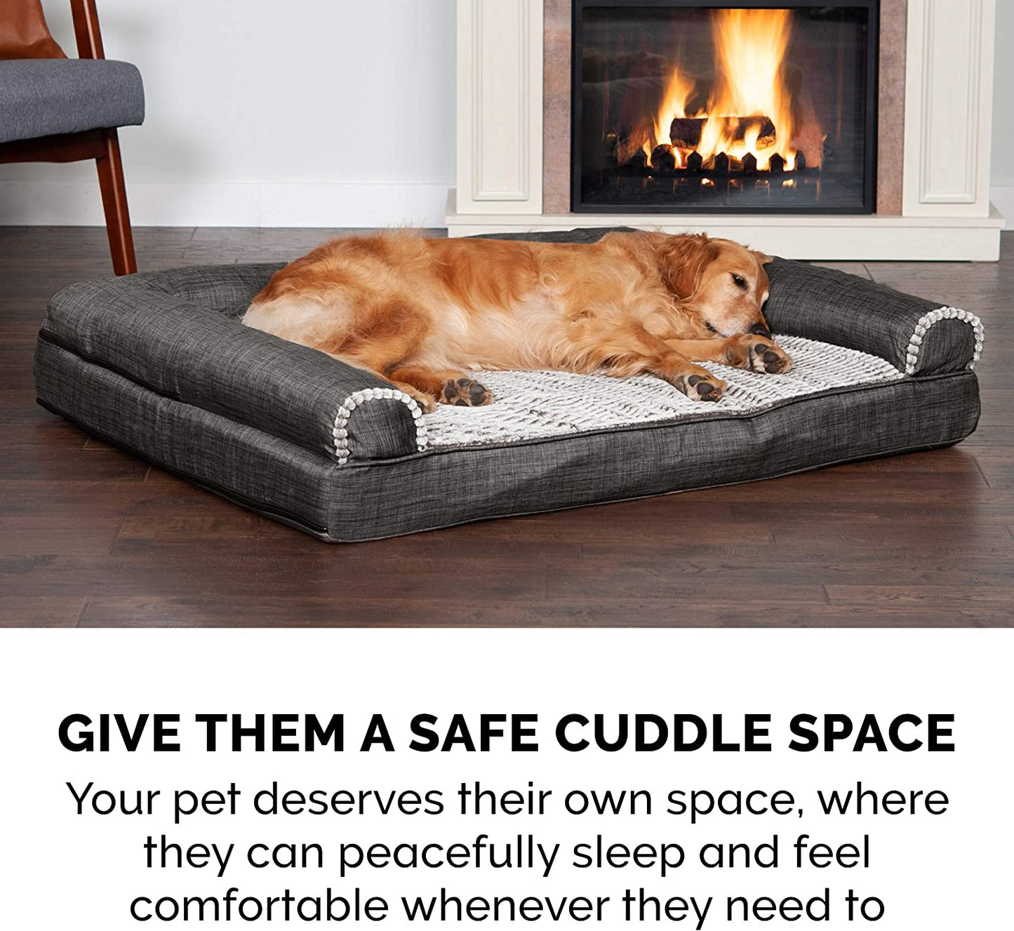 Orthopedic Dog Bed for Medium and Small Breeds with Removable Bolsters and Washable Cover, Suitable for Dogs Up to 35 lbs - Luxe Faux Fur and Performance Linen Sofa in Charcoal, Medium Size
