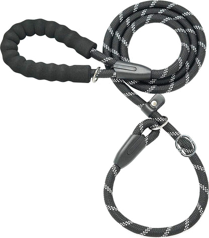 Durable 4 FT Slip Lead Dog Leash - 1/2" Black with Padded Handle, Reflective Threads, and No Pull Design for Training