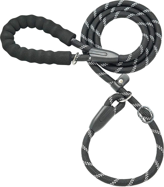 Durable 4 FT Slip Lead Dog Leash - 1/2" Black with Padded Handle, Reflective Threads, and No Pull Design for Training