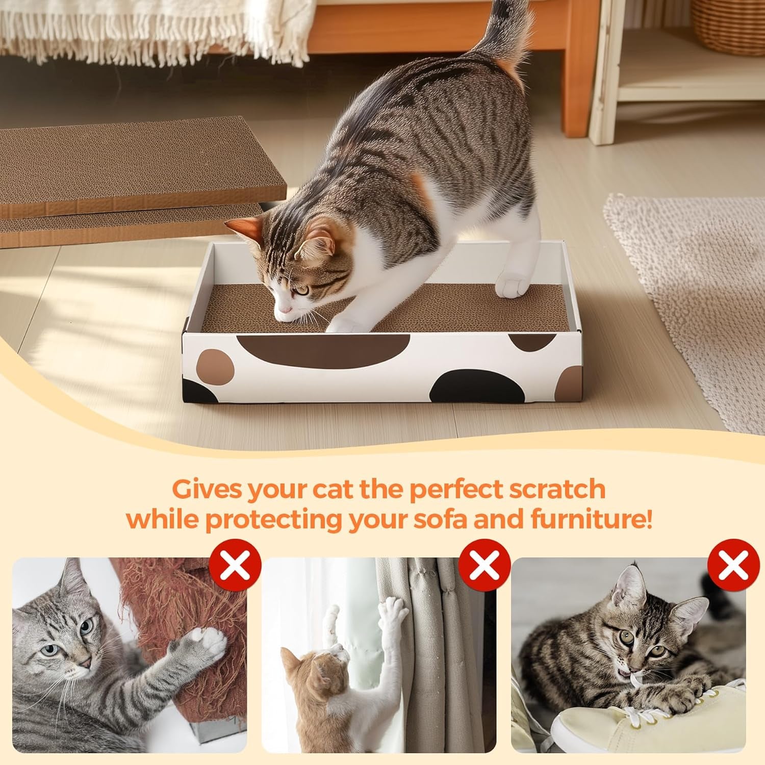 Premium Cat Scratcher Box 17" x 10" with Three Reversible Cardboard Pads for Claw Care and Furniture Protection, Ideal for Indoor Use