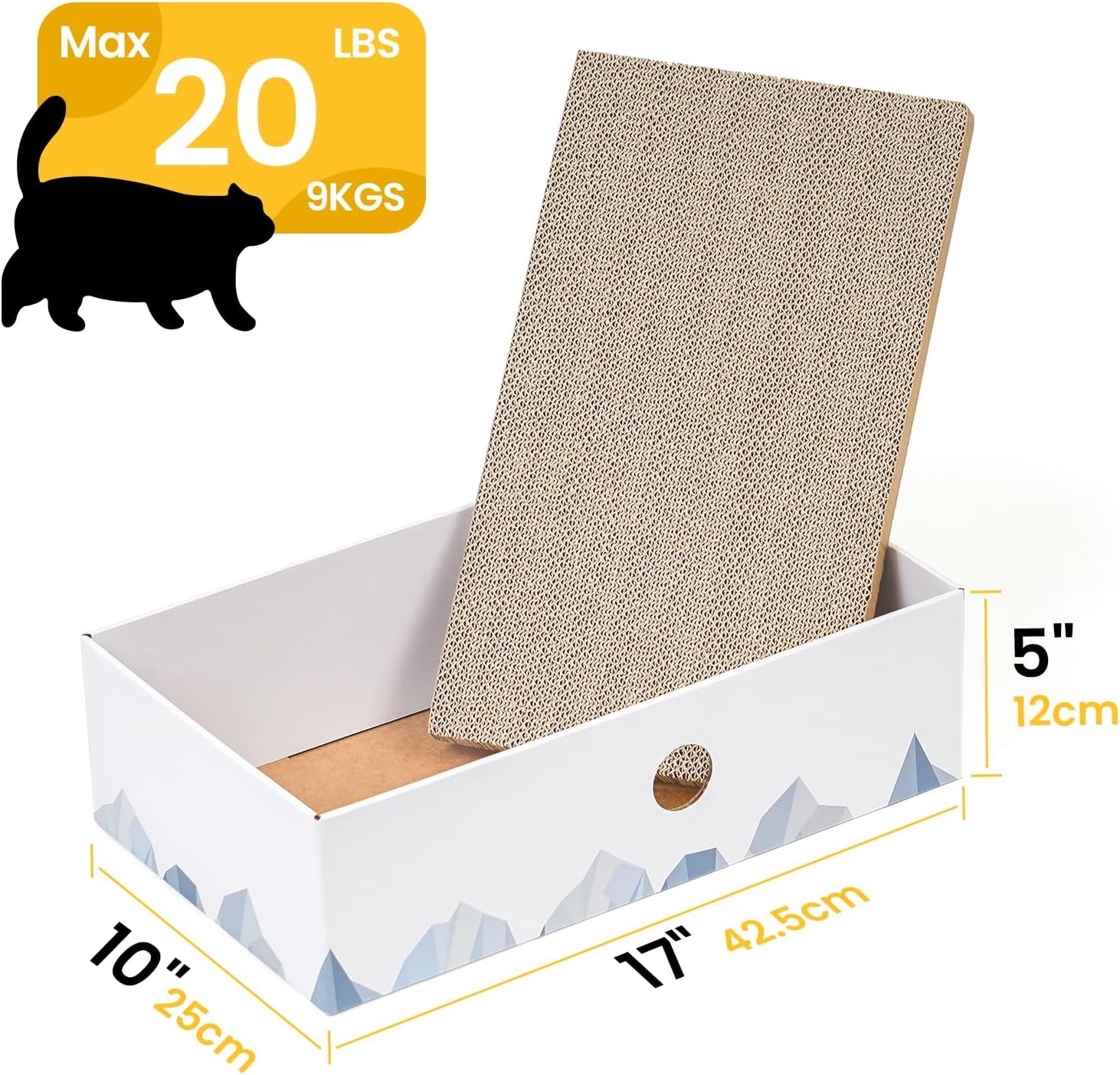 Heavy-Duty Double-Sided Cardboard Cat Scratcher Box with Interactive Design, Large Indoor Cat Lounger and Bed, White