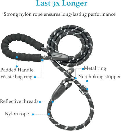 Durable 4 FT Slip Lead Dog Leash - 1/2" Black with Padded Handle, Reflective Threads, and No Pull Design for Training