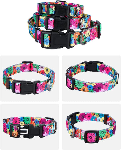 Floral Pattern Dog Collar for Small to Large Breeds - Medium Size (Neck 13.1''-19'', Width 3/4'')