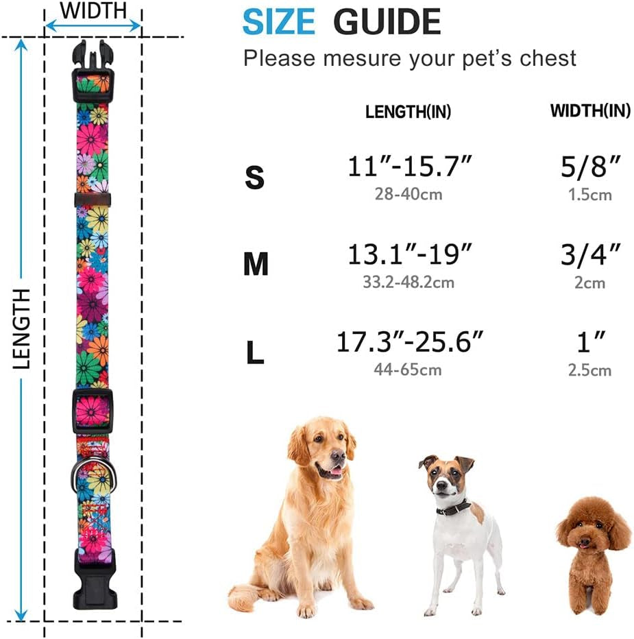 Floral Pattern Dog Collar for Small to Large Breeds - Medium Size (Neck 13.1''-19'', Width 3/4'')