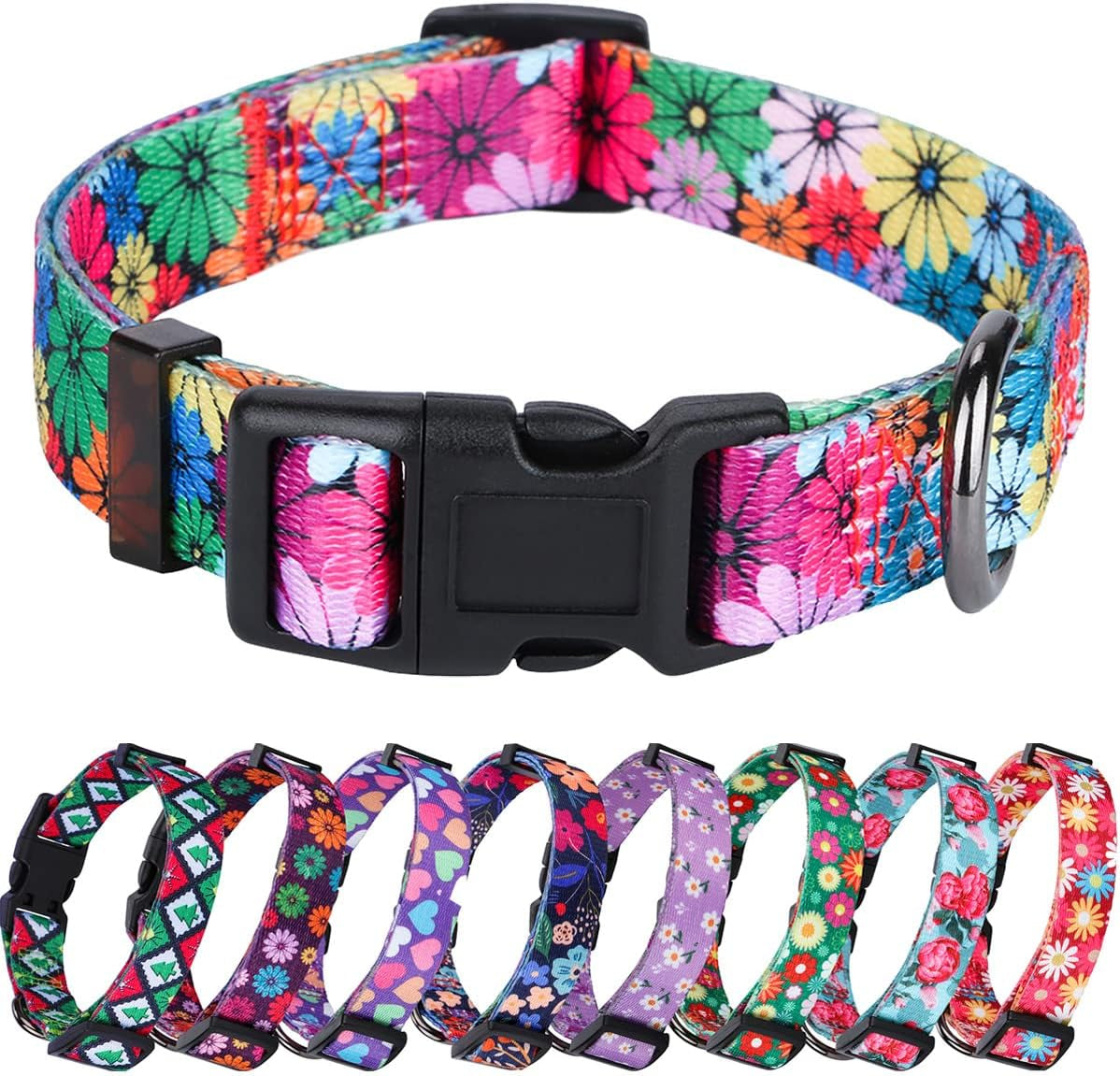 Floral Pattern Dog Collar for Small to Large Breeds - Medium Size (Neck 13.1''-19'', Width 3/4'')