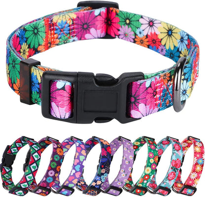 Floral Pattern Dog Collar for Small to Large Breeds - Medium Size (Neck 13.1''-19'', Width 3/4'')