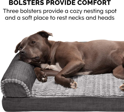 Orthopedic Dog Bed for Medium and Small Breeds with Removable Bolsters and Washable Cover, Suitable for Dogs Up to 35 lbs - Luxe Faux Fur and Performance Linen Sofa in Charcoal, Medium Size