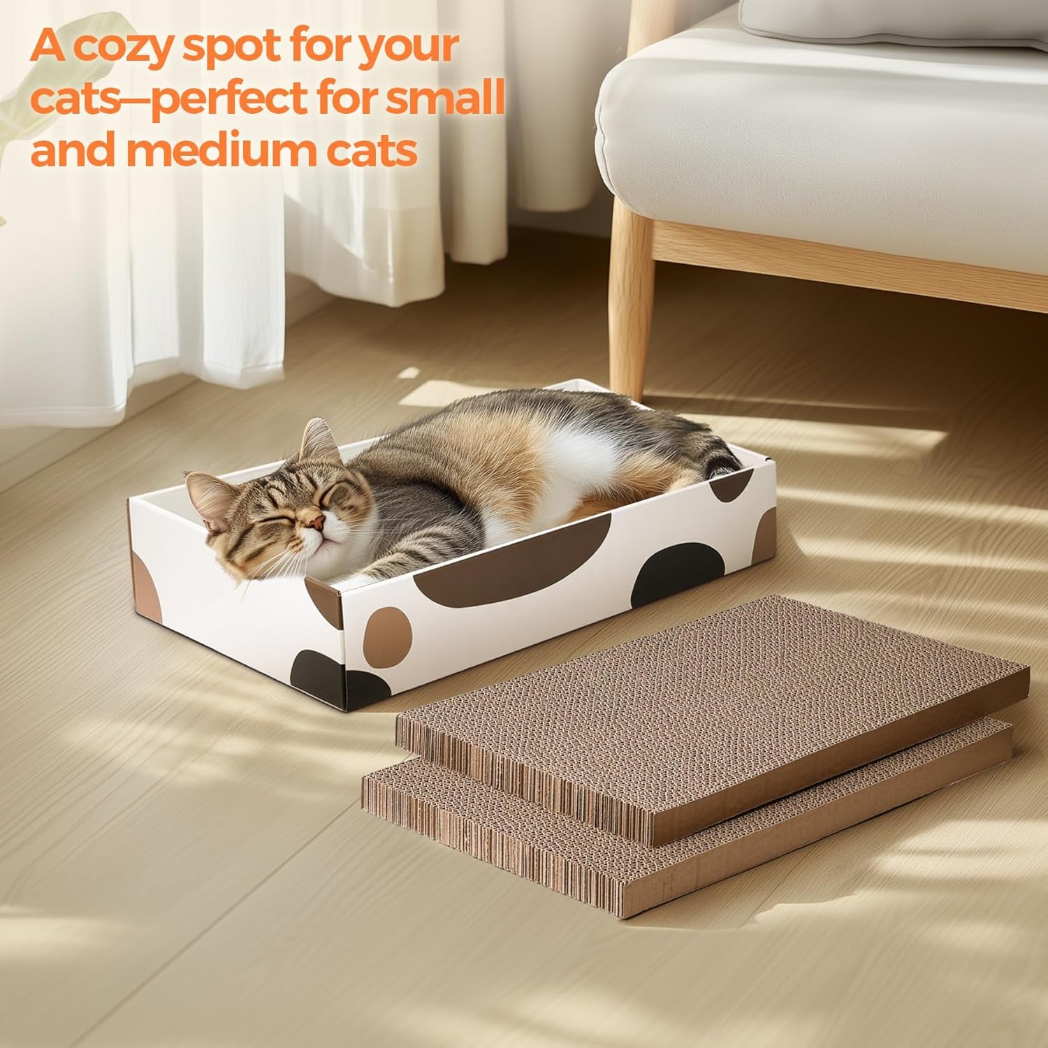 Premium Cat Scratcher Box 17" x 10" with Three Reversible Cardboard Pads for Claw Care and Furniture Protection, Ideal for Indoor Use